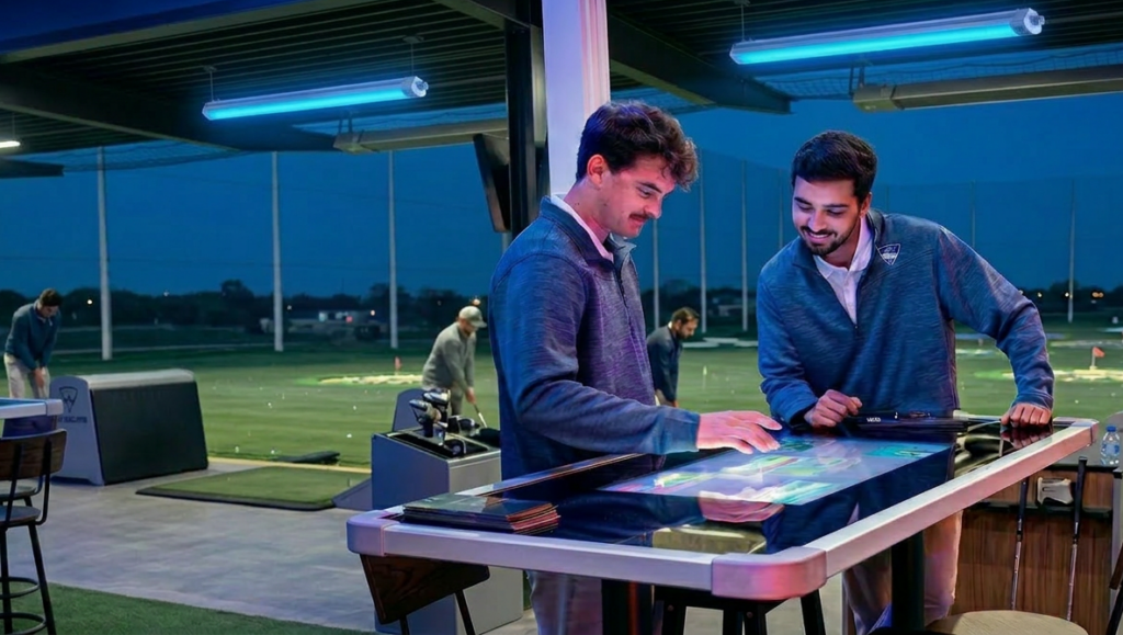 Bay Station High Table with an integrated touchscreen for golf venues