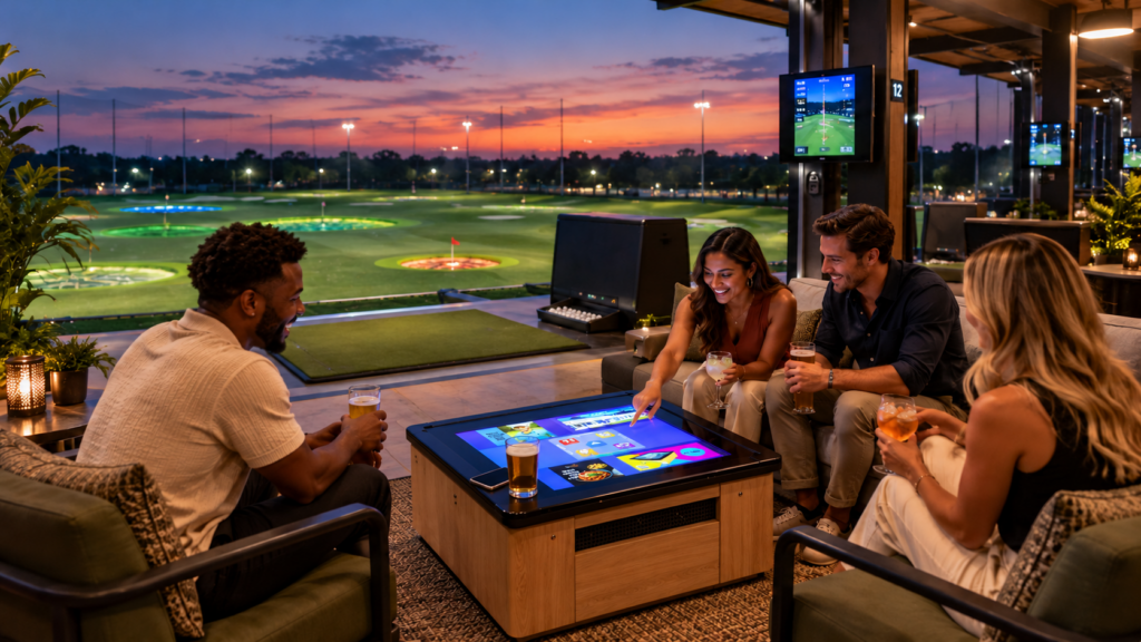 Four friends seated around a Bay Station touchscreen table in a golf driving bay at dusk