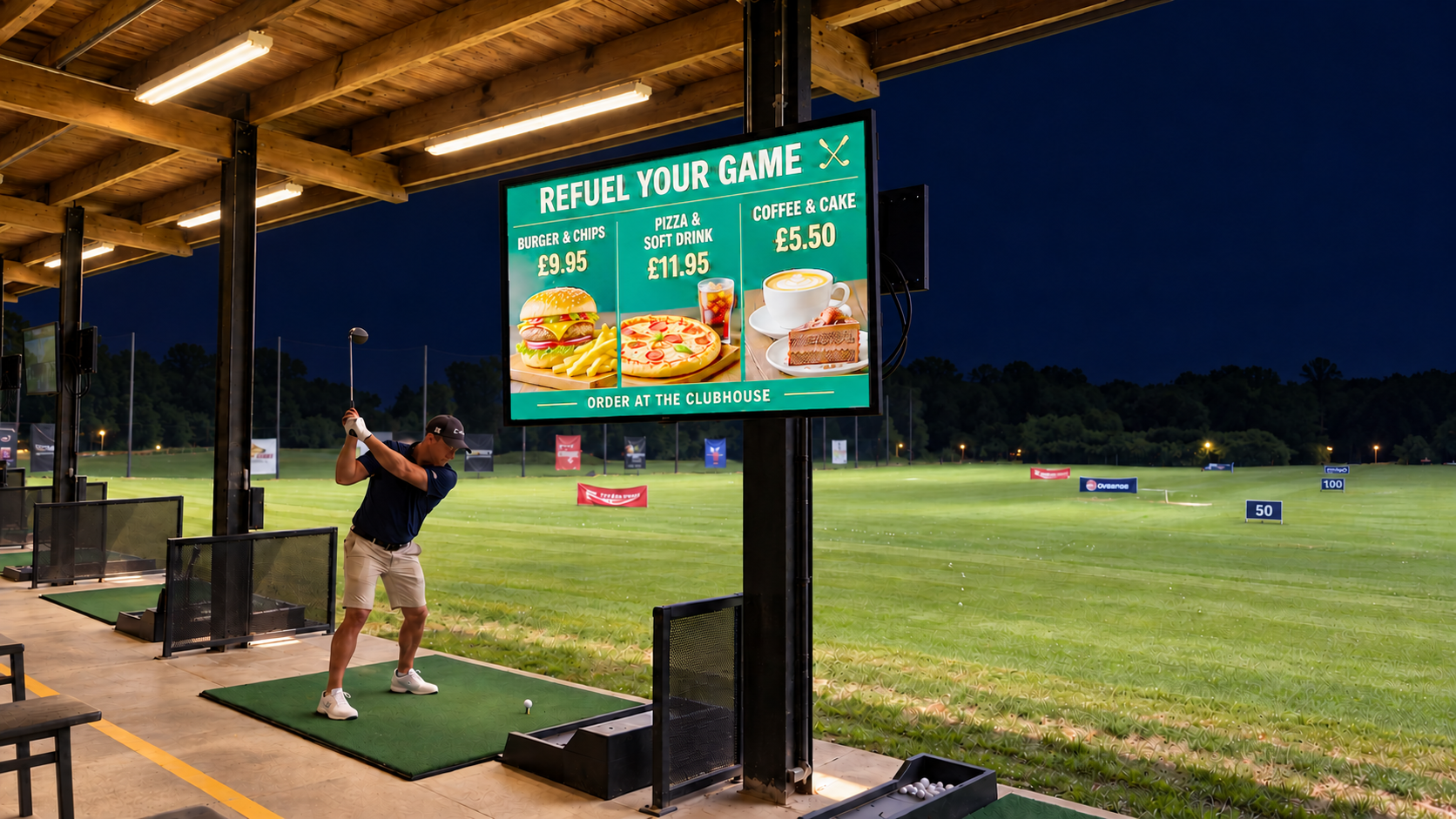 Digital advertising screen at a floodlit golf driving range at night