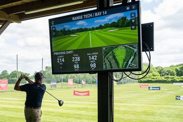 Pillar-mounted digital screen showing golf shot tracking information beside a driving range bay