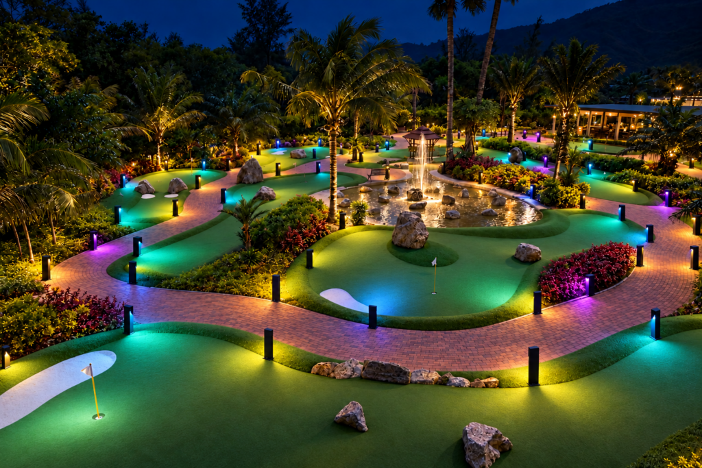 VividSense colour-changing bollard lighting beside an adventure golf putting green