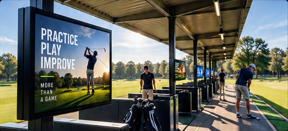 Digital advertising screen in a sunlit golf driving range