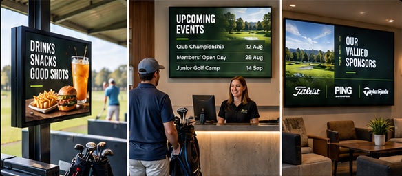 Screens showing food offers, upcoming events and sponsors around a golf venue
