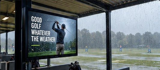 Protected digital screen in a golf driving bay during rain