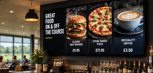 Digital menu displaying burgers, pizza and coffee in a golf clubhouse