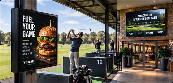 Portrait advertising screen beside driving bays and a large clubhouse welcome screen